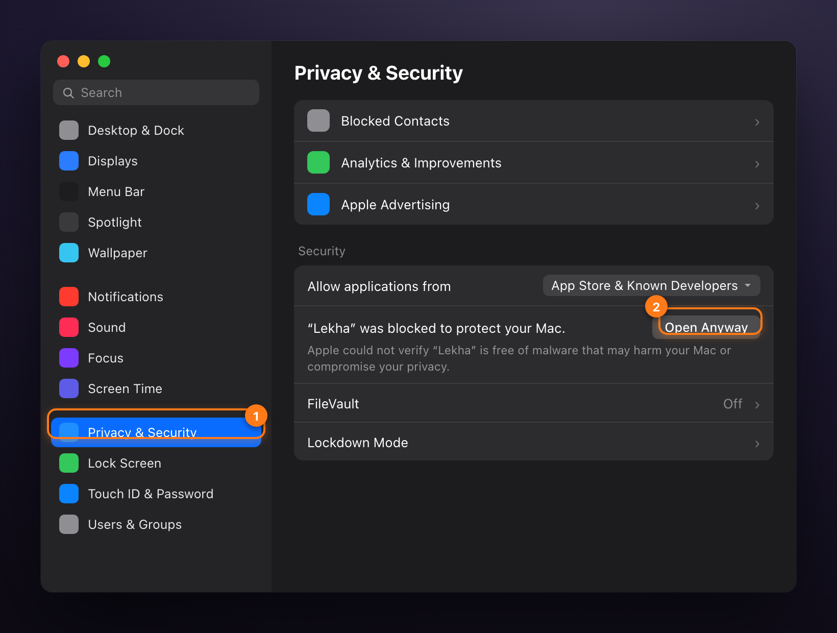 System Settings, Privacy & Security, showing Lekha was blocked with an Open Anyway button