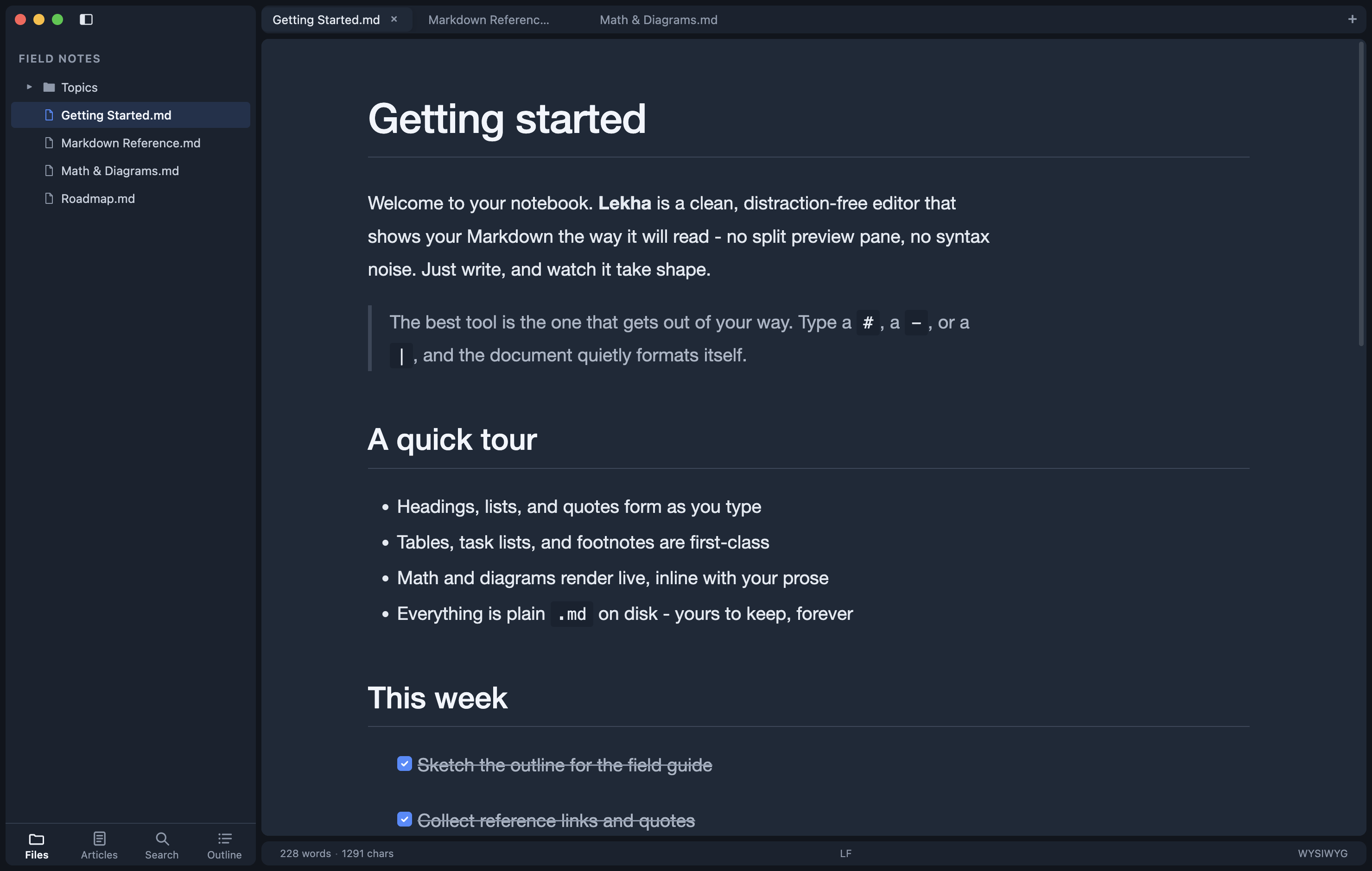 The Lekha editor showing a formatted Markdown note, with a file sidebar, document tabs, and rendered headings, lists, and checkboxes