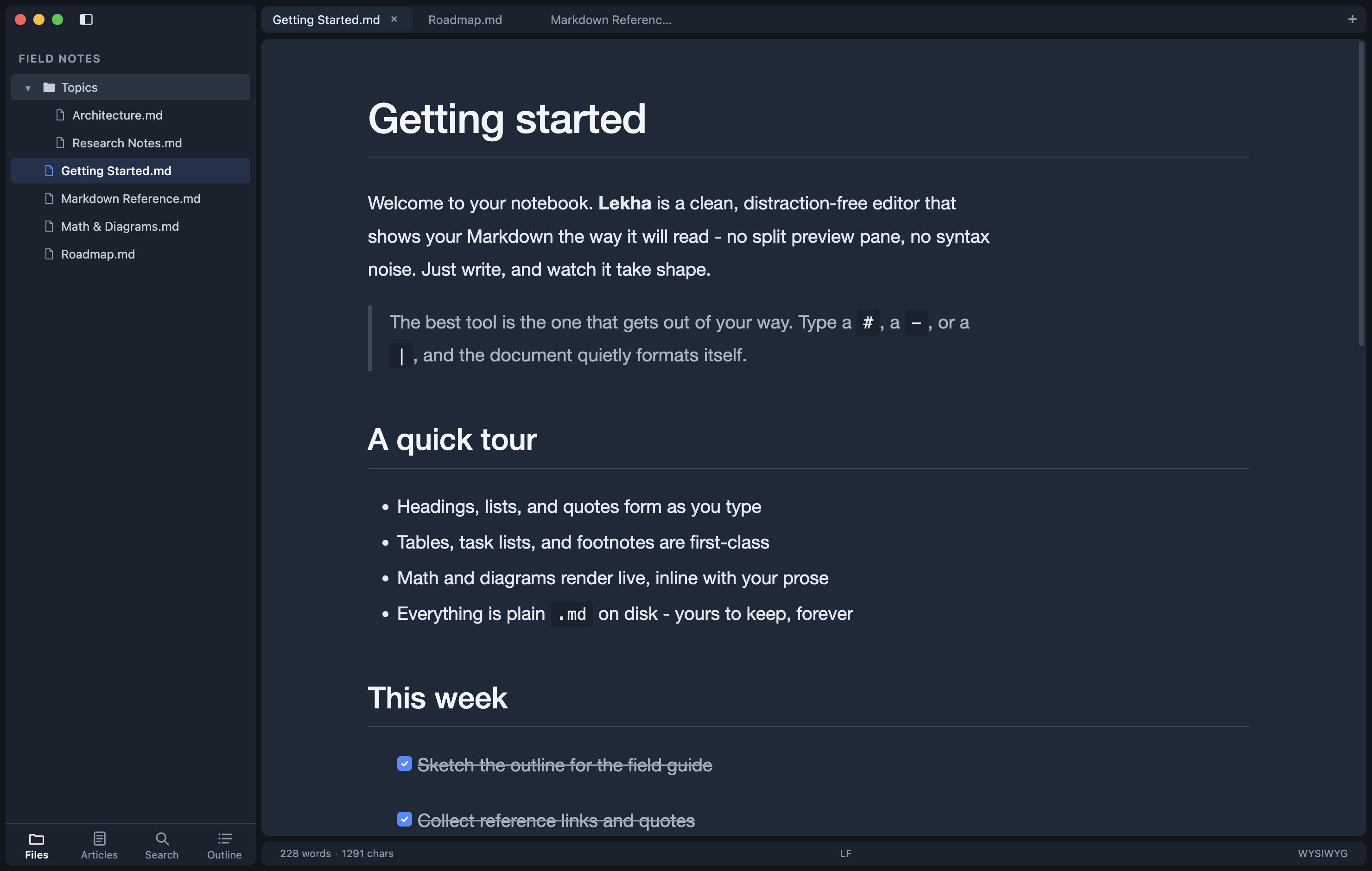Lekha sidebar with an open folder, an expanded subfolder, and three document tabs