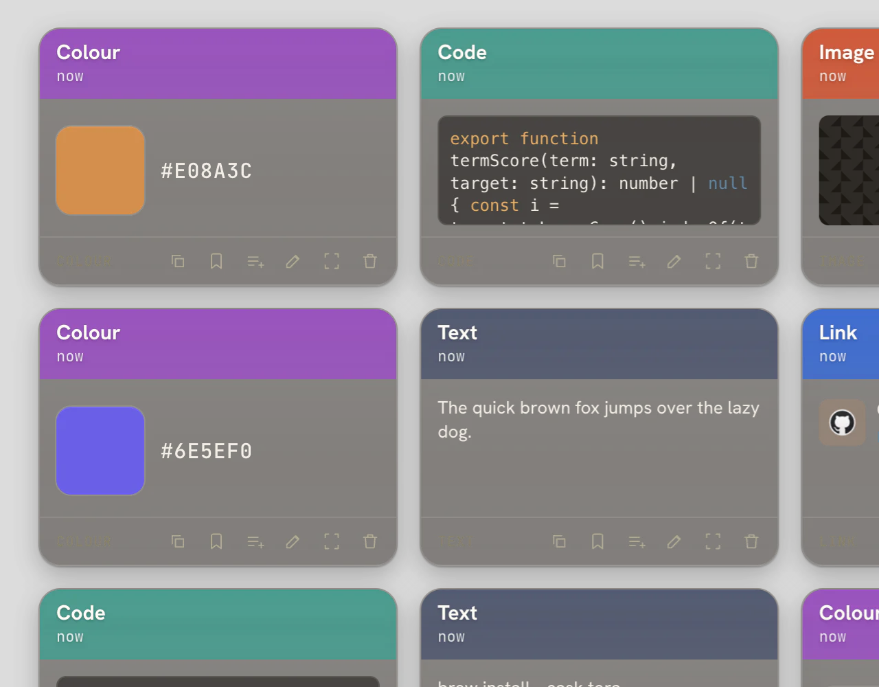 A close-up of Tora's deck showing varied card types: amber and violet colour swatches, syntax-highlighted code, an image thumbnail, a GitHub link, and plain text.