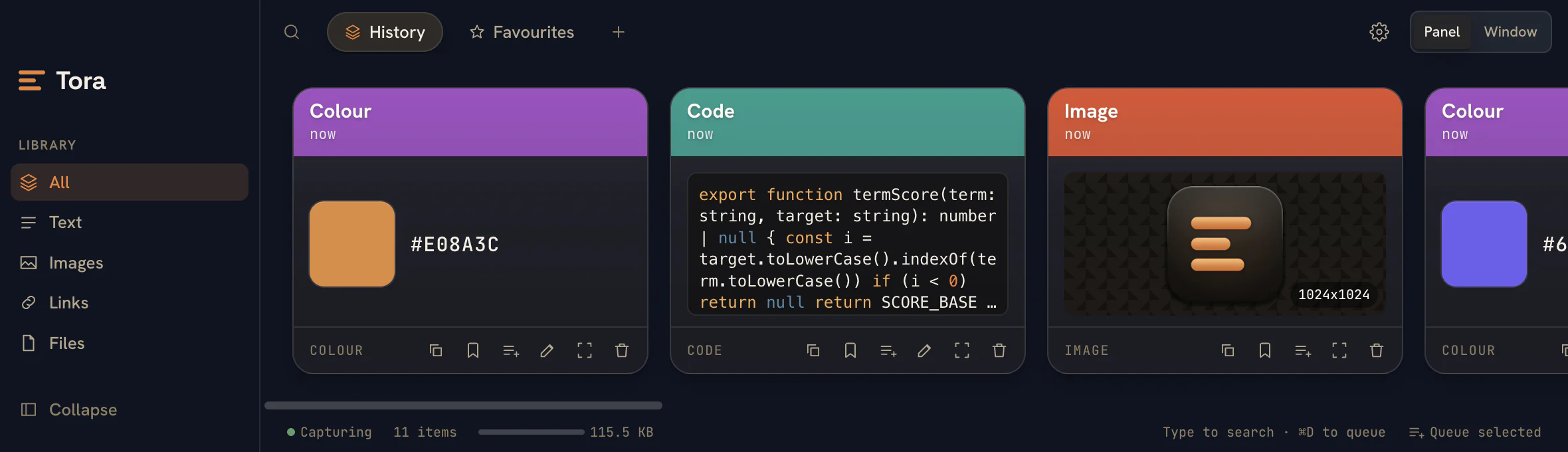 Tora's panel: a single-row strip summoned by a global hotkey, with the category rail, board pills, and a row of clip cards - a colour swatch, syntax-highlighted code, an image thumbnail, and more.