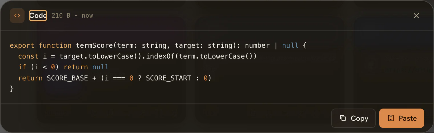Tora's large preview showing a syntax-highlighted code clip with Copy and Paste actions.