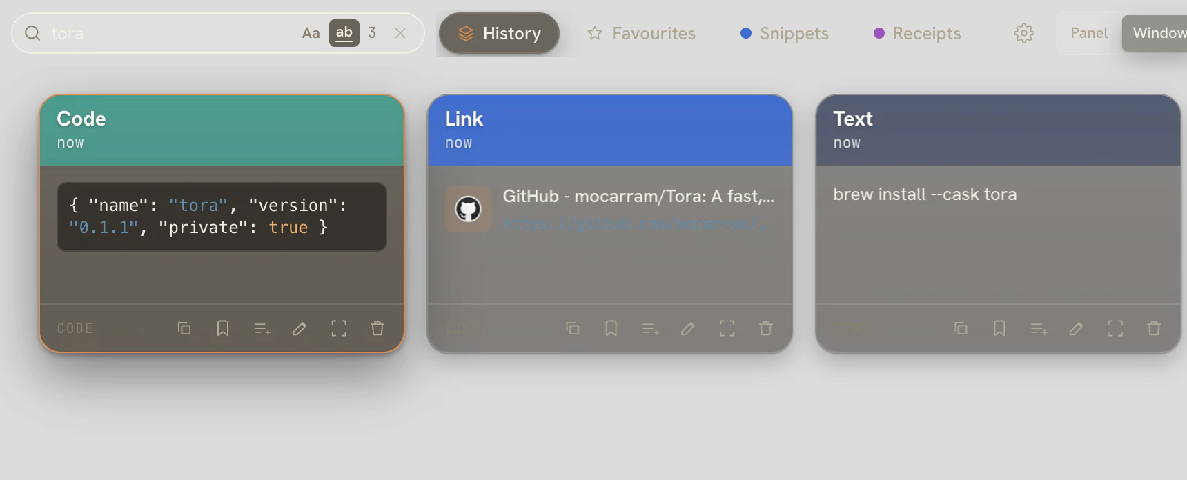 Tora's search bar with the query 'tora', the whole-word (ab) toggle enabled, and three matching cards below.