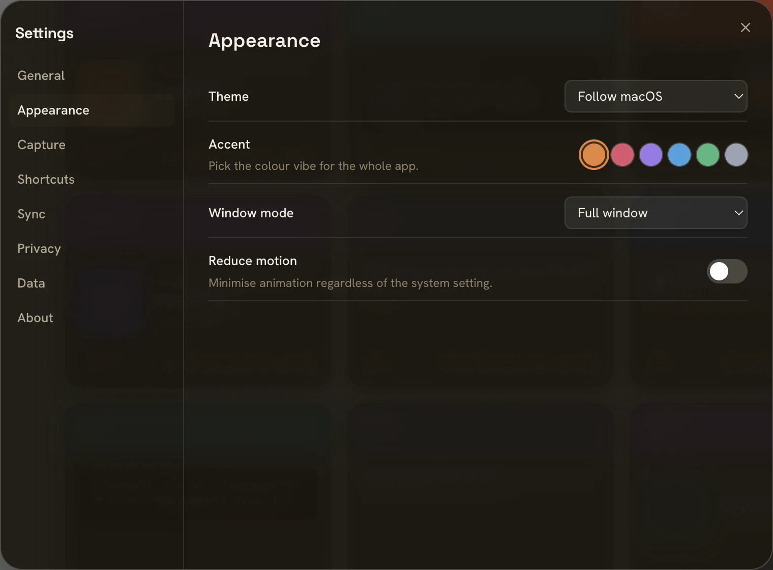 Tora's Appearance settings: theme set to Follow macOS, a row of accent colour swatches with amber selected, and window mode.